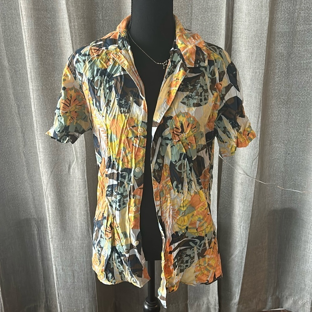 Orange and Green Selected Leaf Pattern Button Up